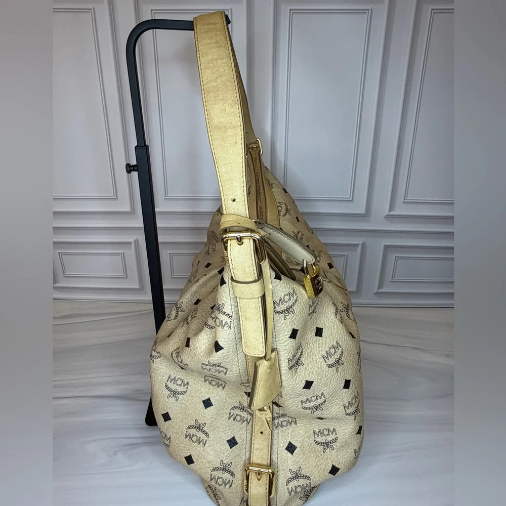 MCM Light Beige Visetos Leather Monogram Hobo Shoulder Bag | Lock & Key Included